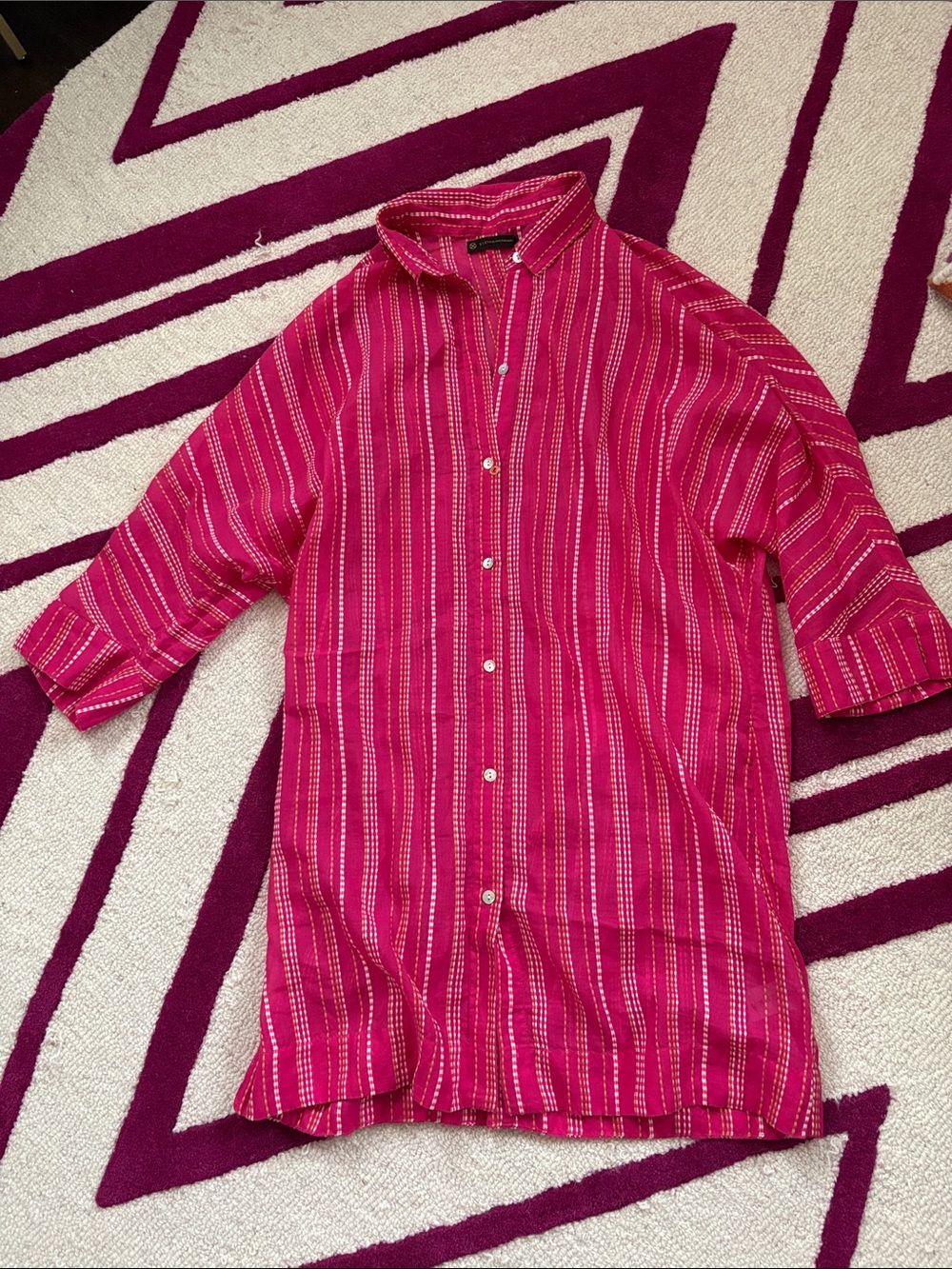 VIX Paula Herman NY Oversized Pink embroidered Striped Shirt or coverup